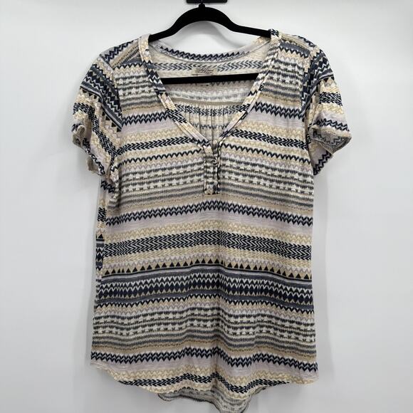 Lucky Brand Shirt Womens Large Blue Beige Aztec Print V Neck Henley Short Sleeve - Picture 1 of 11